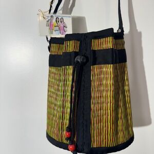 Saraye Tatami Woven Bucket Bag Beaded Boho Artisan Drawstring Red Green Black‎